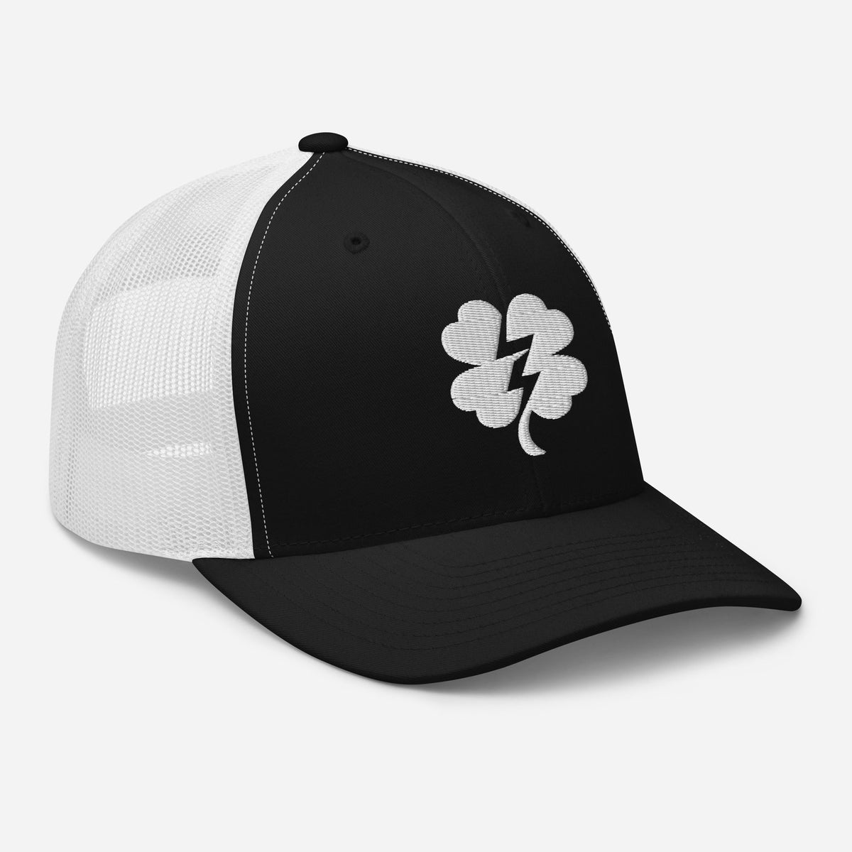 Black and white Clover & Bolt trucker cap, right-front view