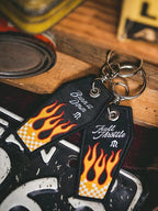 Vintage motorcycle embroidered keychain with stitched rider design