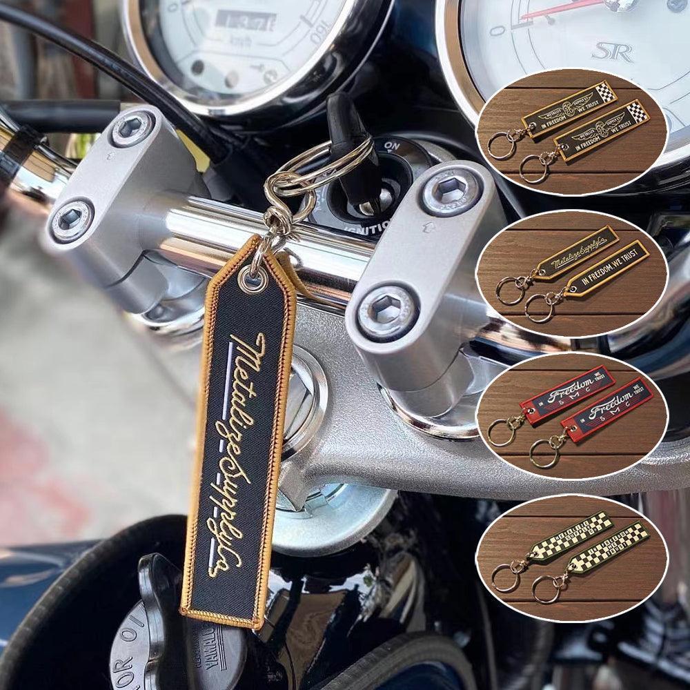 METALIZE vintage motorcycle embroidered keychain on display