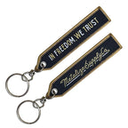 Vintage moto embroidered keychain with bold stitched artwork