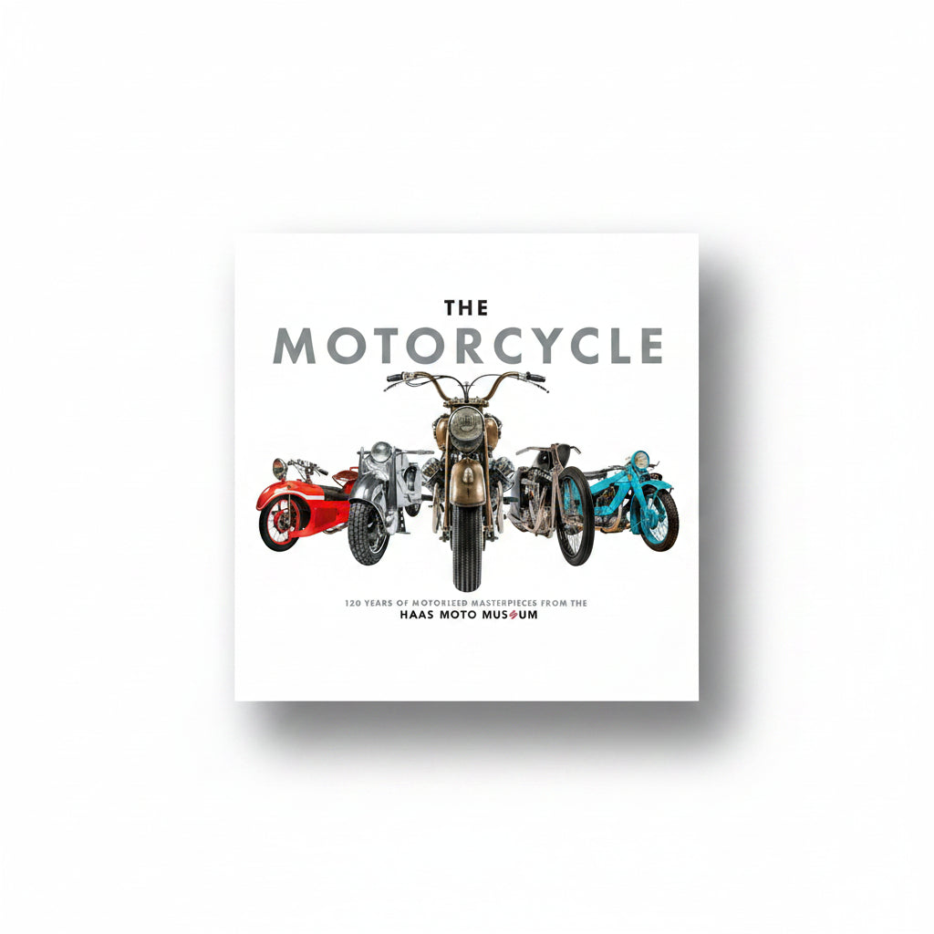 Book cover featuring vintage motorcycles with 'The Motorcycle' and 'Haas Moto Museum' text.