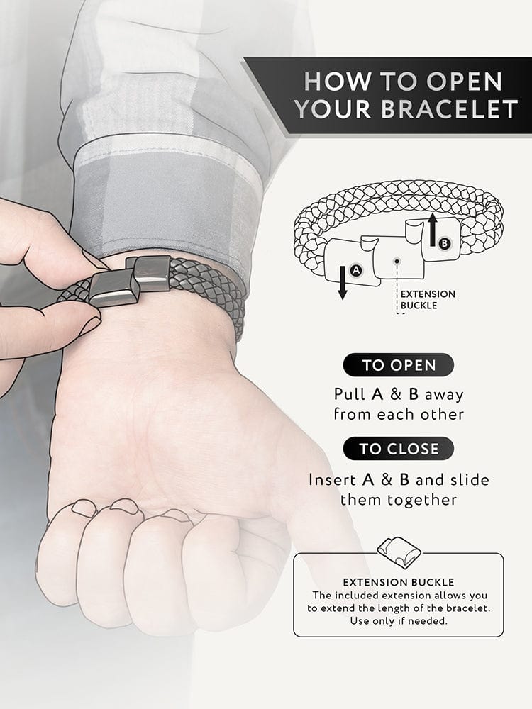 Black braided leather bracelet clasp opening detail