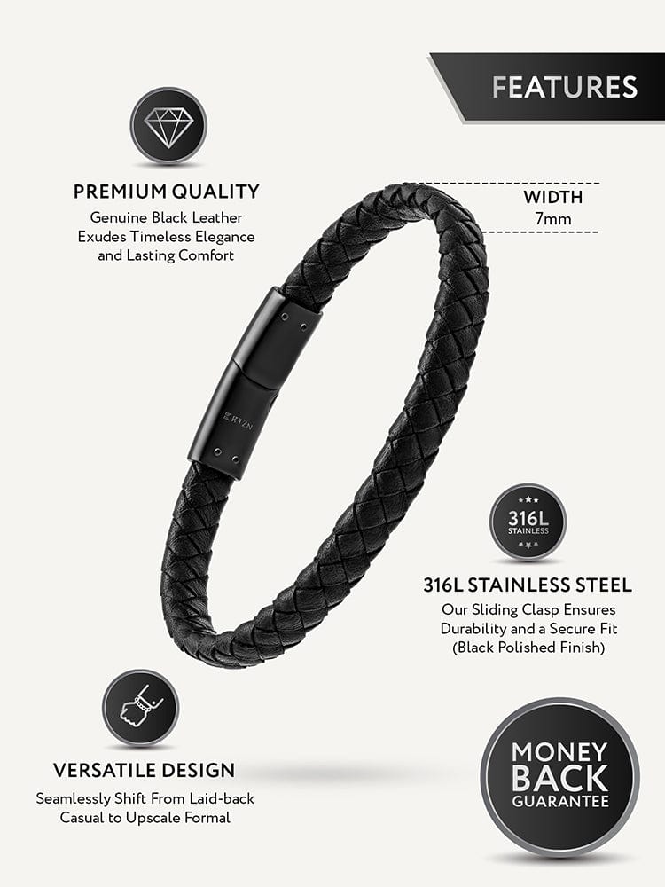 7mm black braided leather bracelet features detail