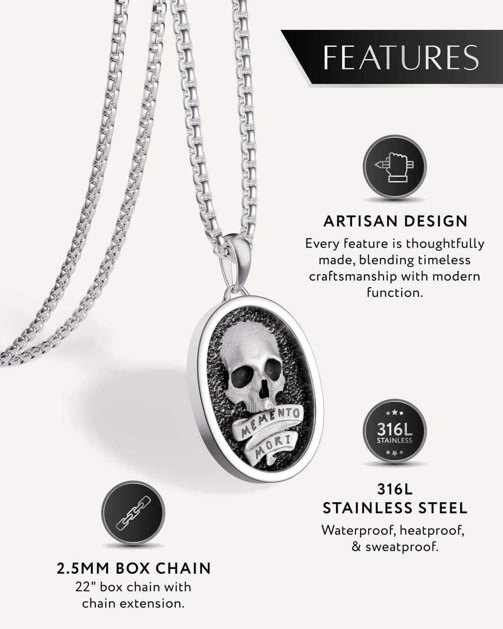 Memento Mori pendant necklace feature detail image
