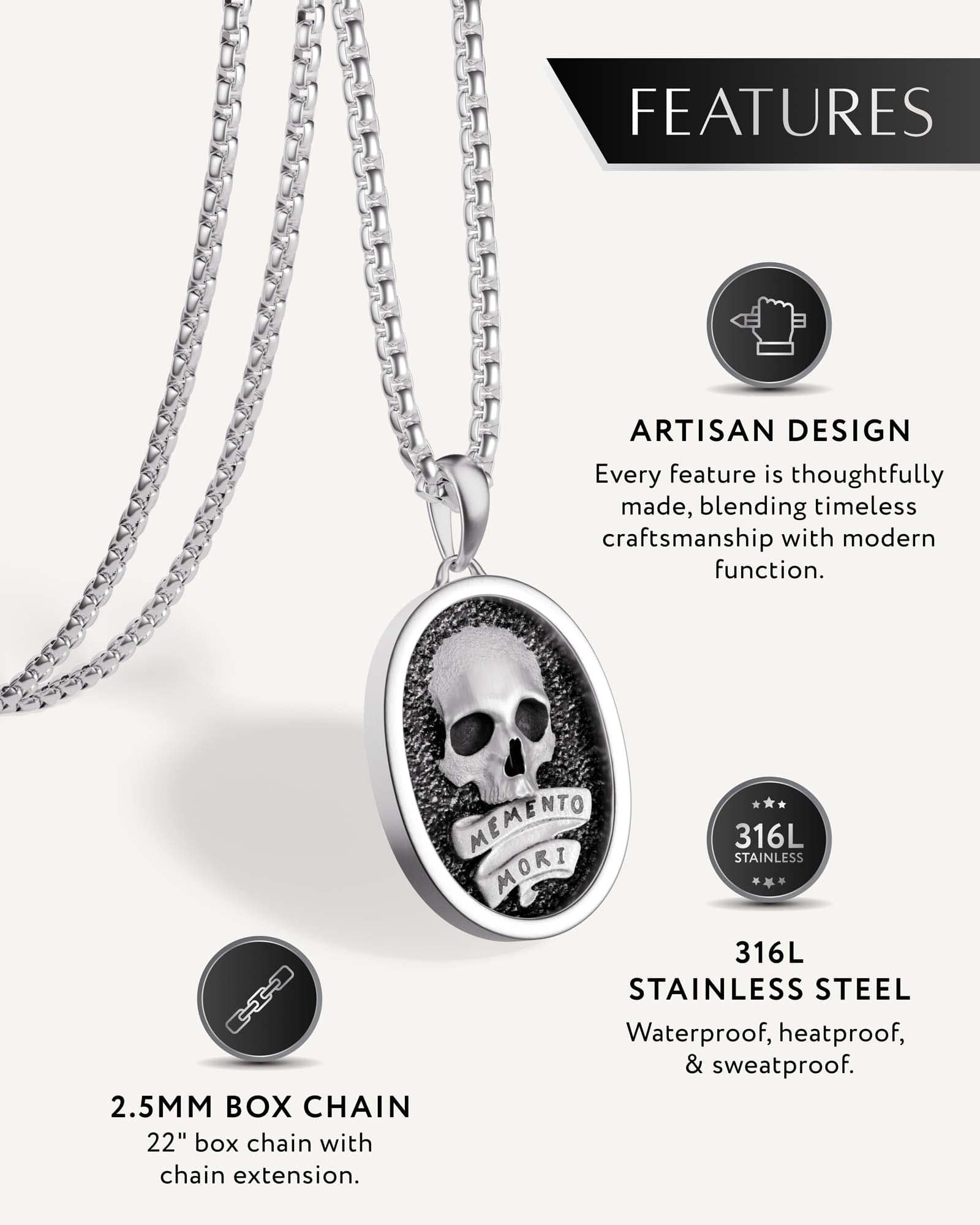 Memento Mori pendant necklace feature detail image