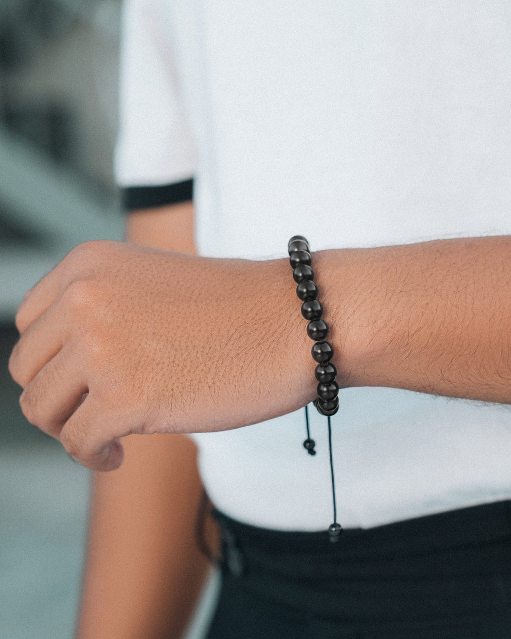 Black tourmaline beaded bracelet detail close-up