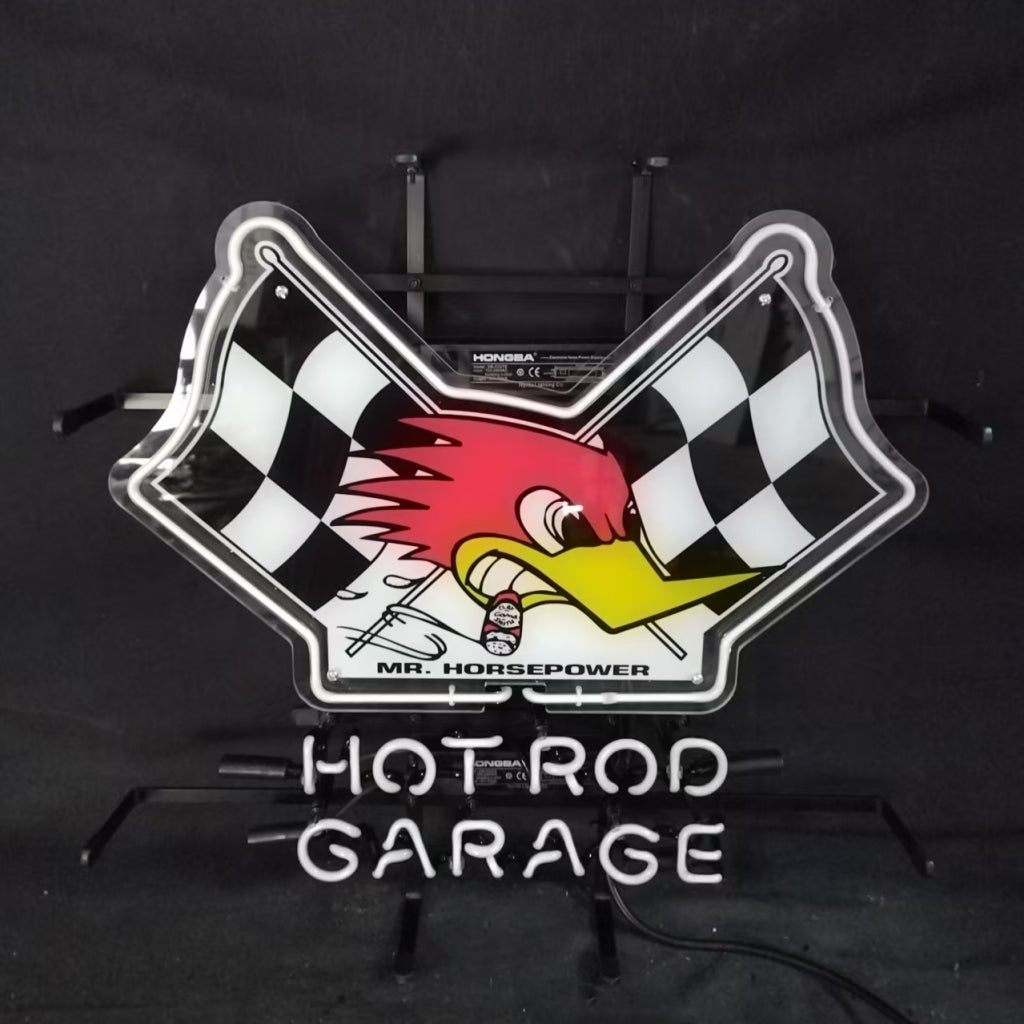 Hot rod garage neon sign with Mr. Horsepower artwork