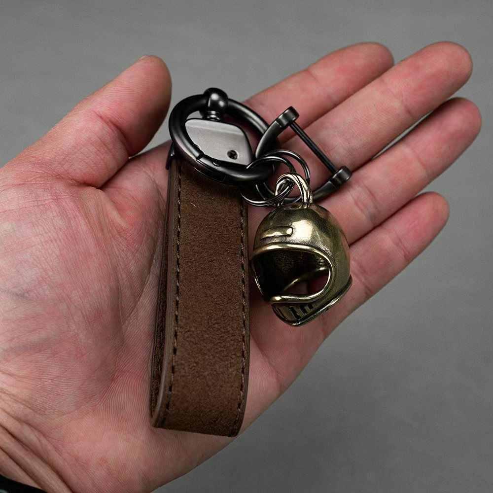 Brass helmet keychain accessory close-up