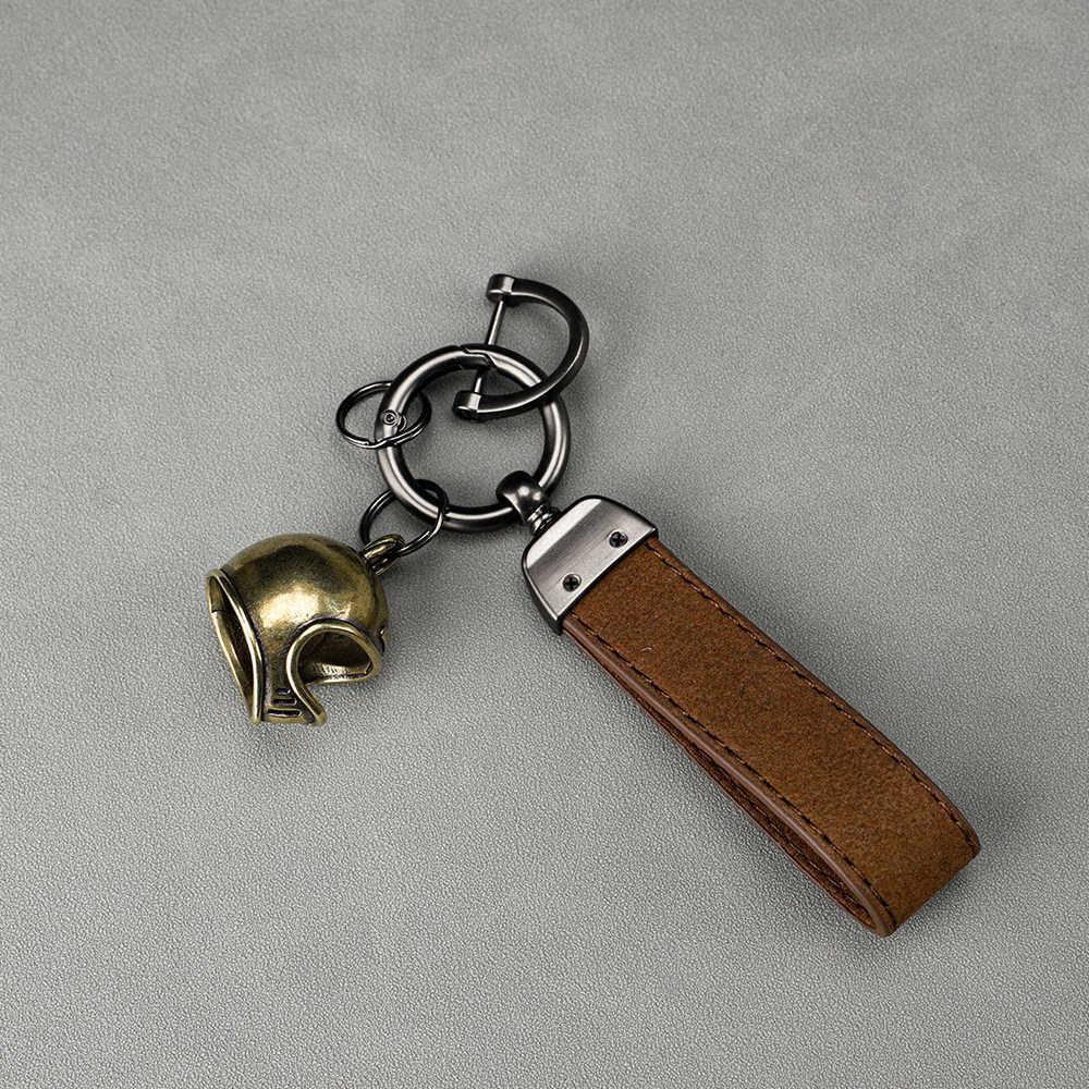 Motorcycle rider brass helmet keychain display angle