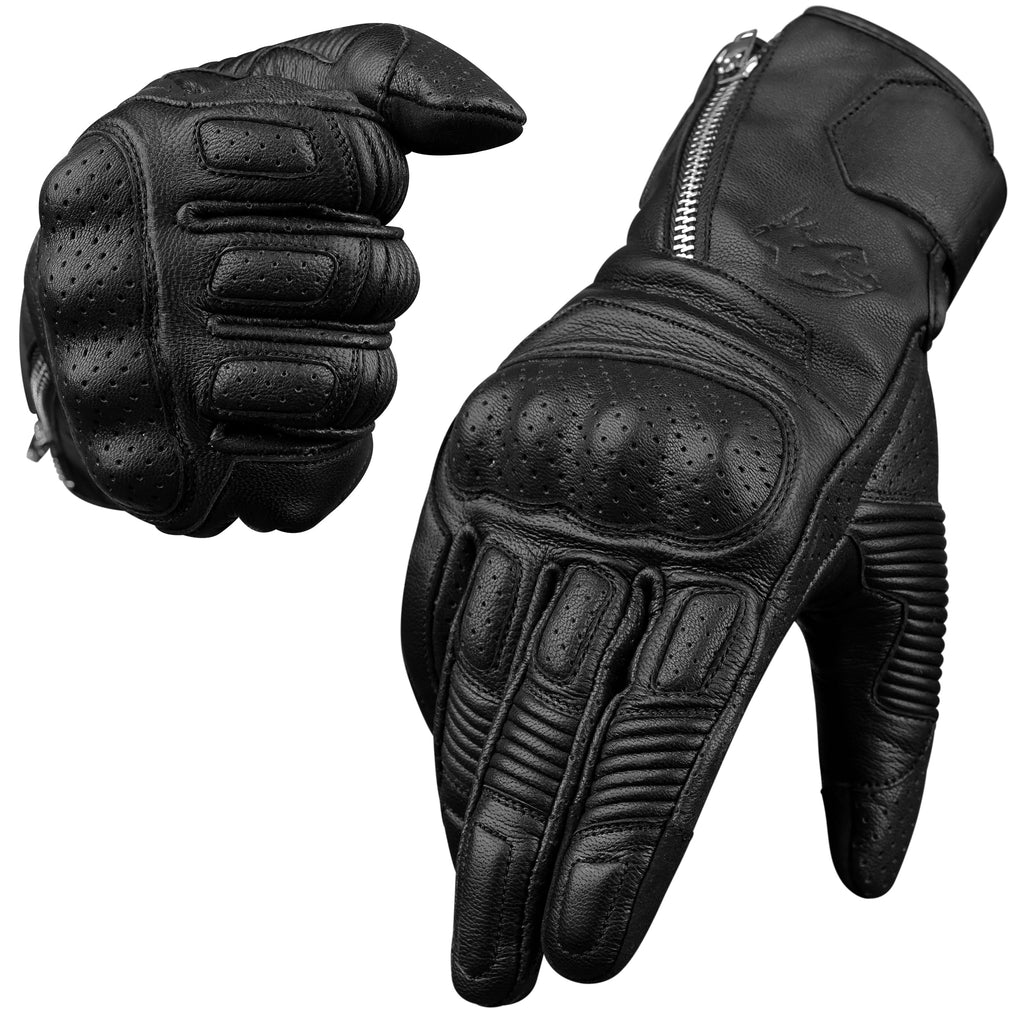 Olympus leather motorcycle gloves with zipper closure and knuckle protection