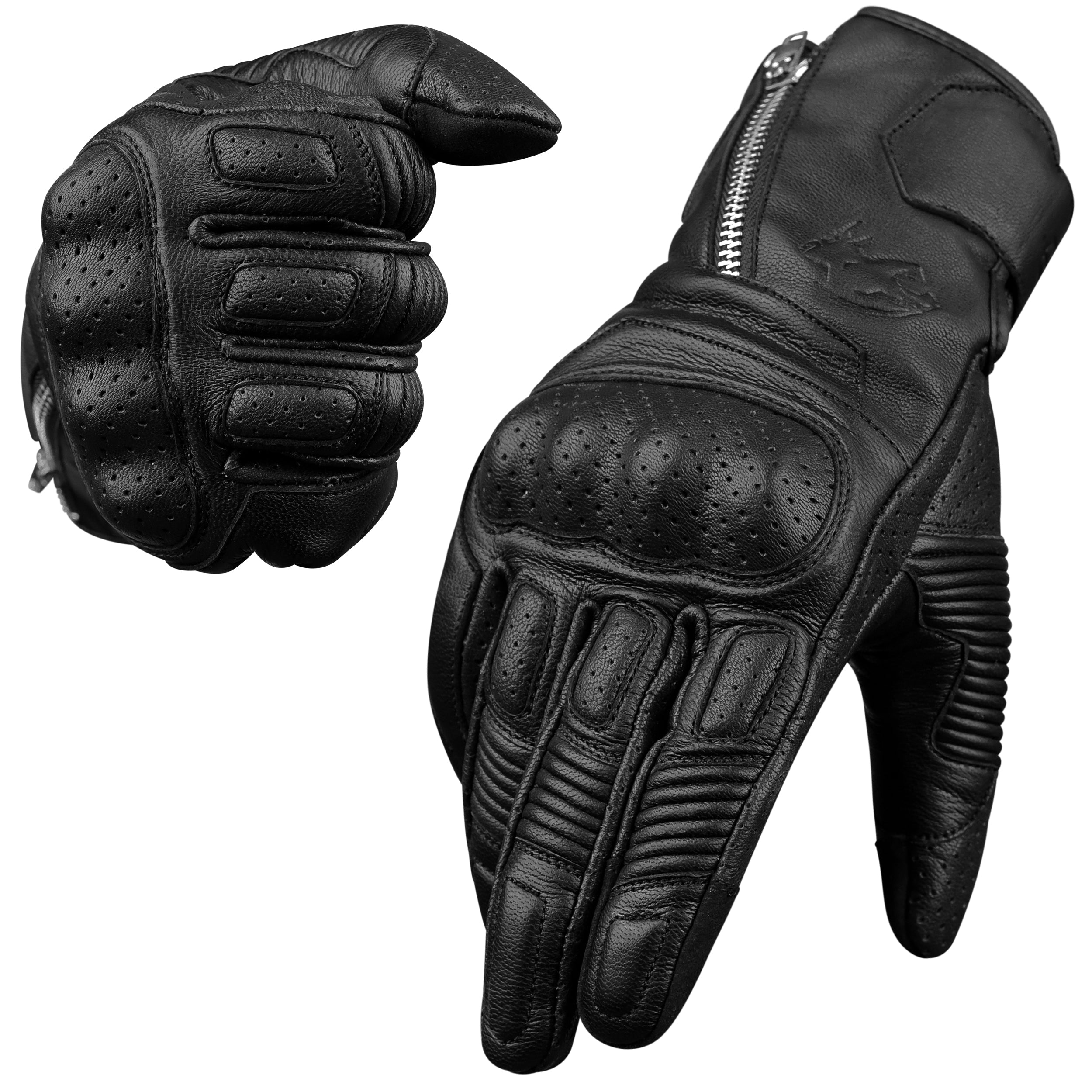 Olympus leather motorcycle gloves with zipper closure and knuckle protection
