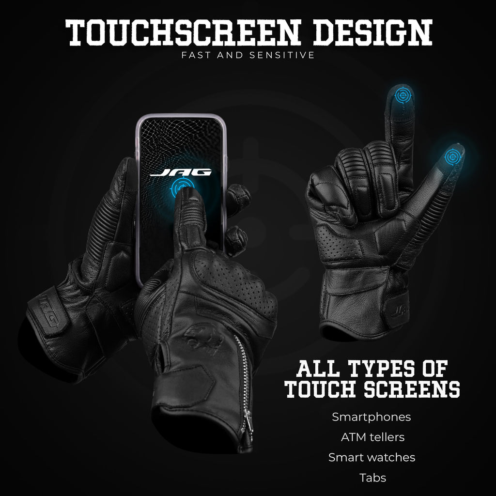 Olympus Knuckle-Protected Leather Motorcycle Gloves with Zipper Closure