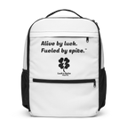 Alive by luck Fueled by spite utility backpack black text front view