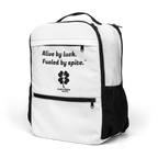 Alive by luck Fueled by spite utility backpack side pocket view
