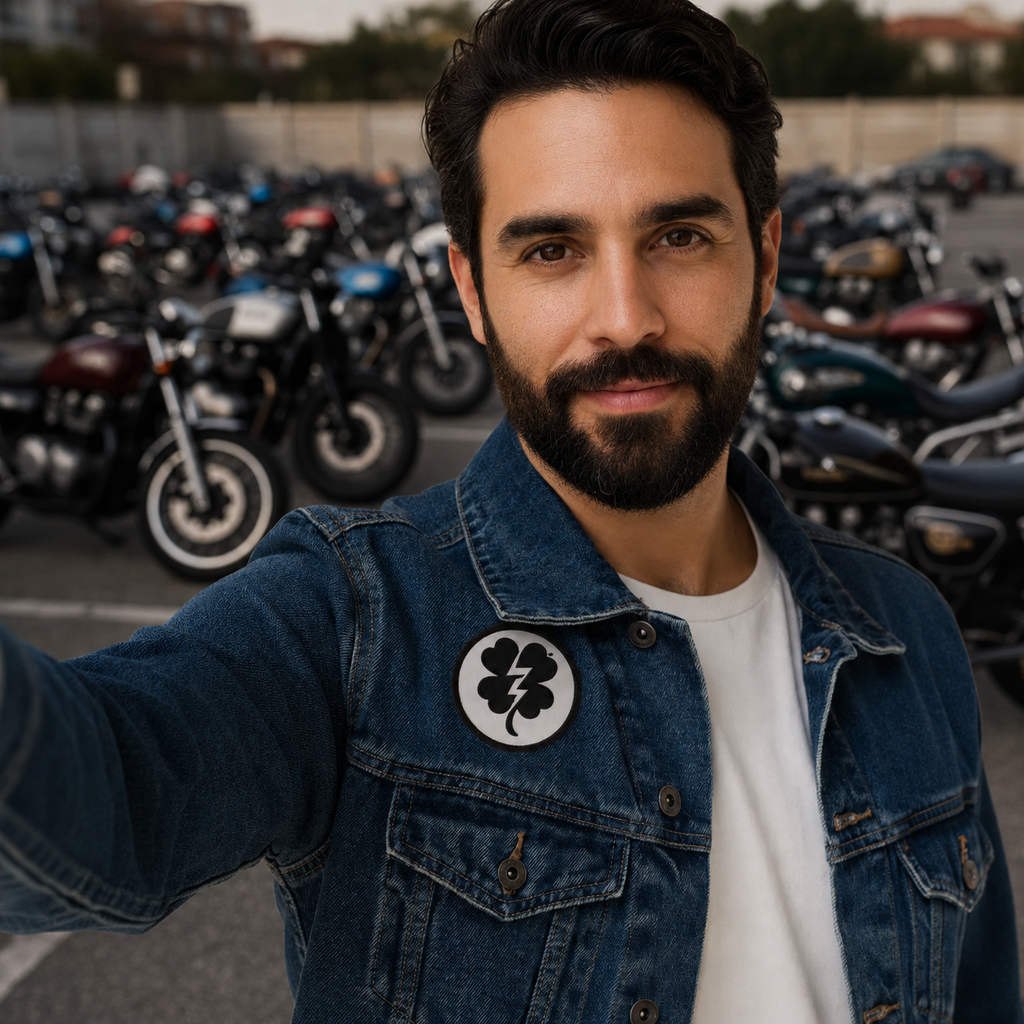 A man with a beard takes a selfie while wearing a blue denim jacket with a circular black and white four-leaf clover patch on the chest, standing in front of a row of parked motorcycles.