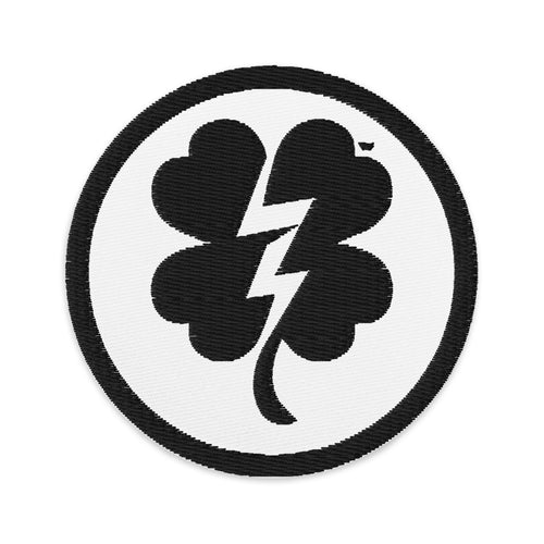 Clover & Bolt circular embroidered patch, close-up