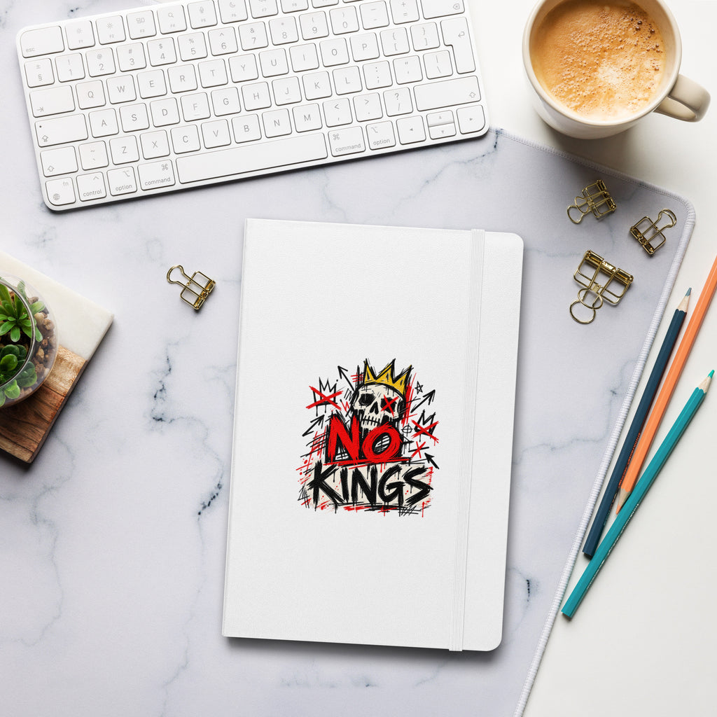 No Kings white hardcover notebook, front cover view