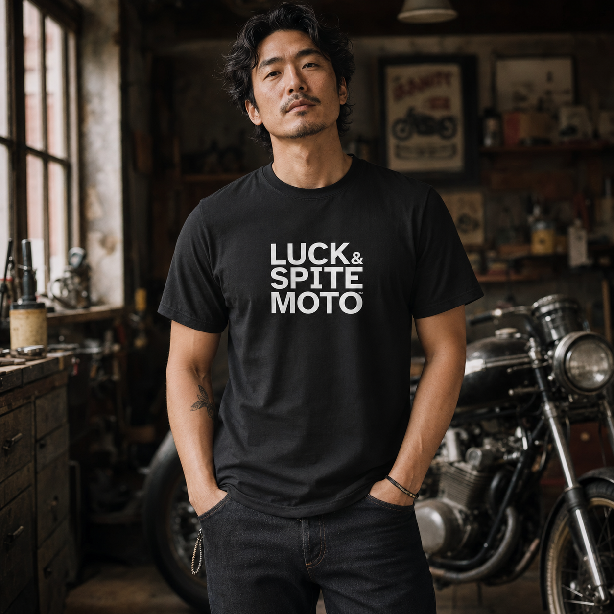 A man wearing a black crewneck t-shirt with the text 'LUCK & SPITE MOTO' printed in white on the chest, standing in a motorcycle shop with a motorcycle in the background.