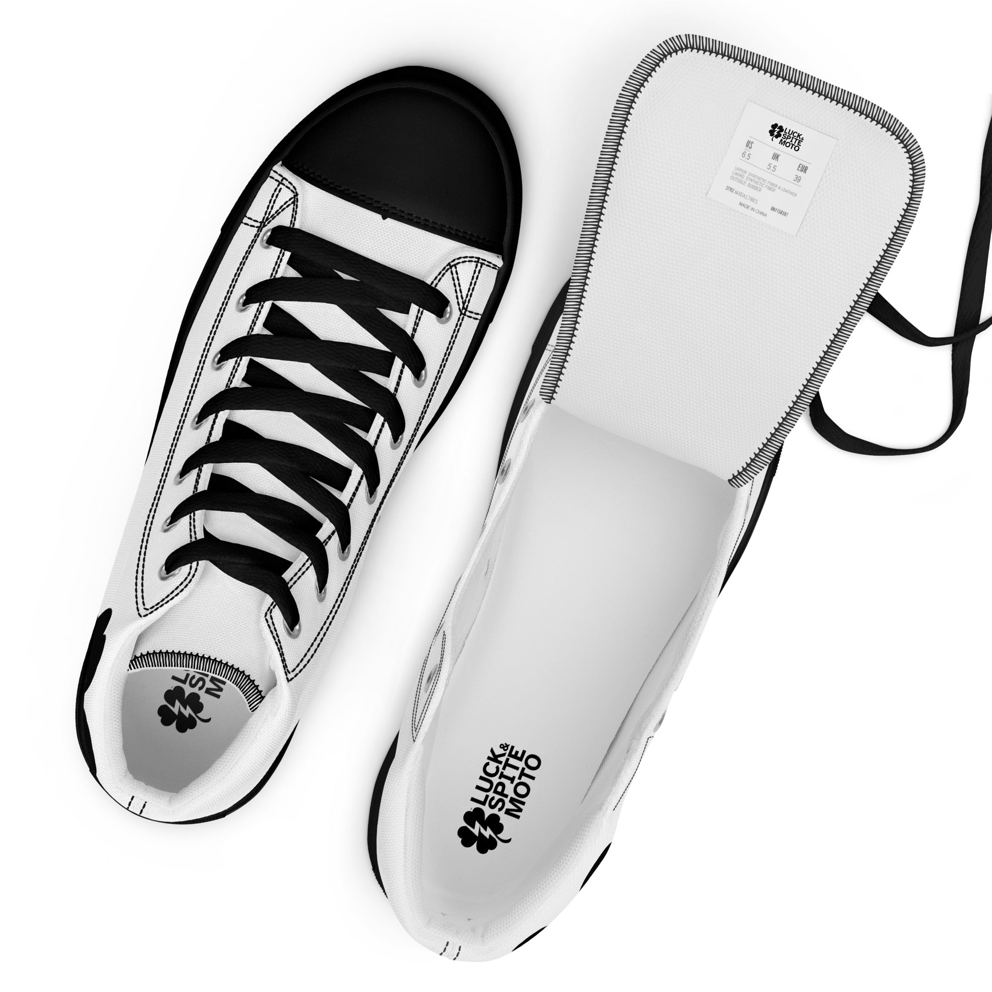 Black high-top canvas shoe with Clover & Bolt design detail