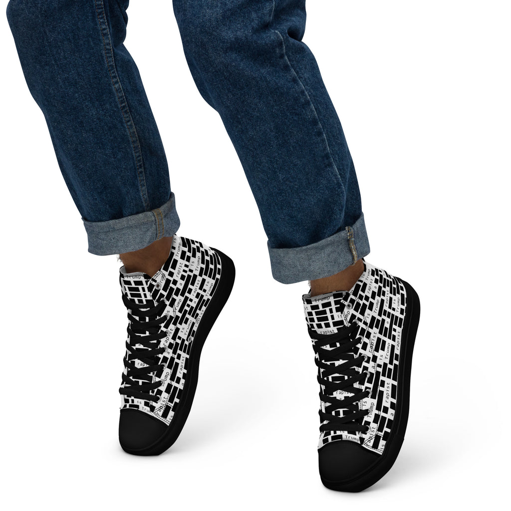 Redacted black men's high-top canvas shoes, left-side view