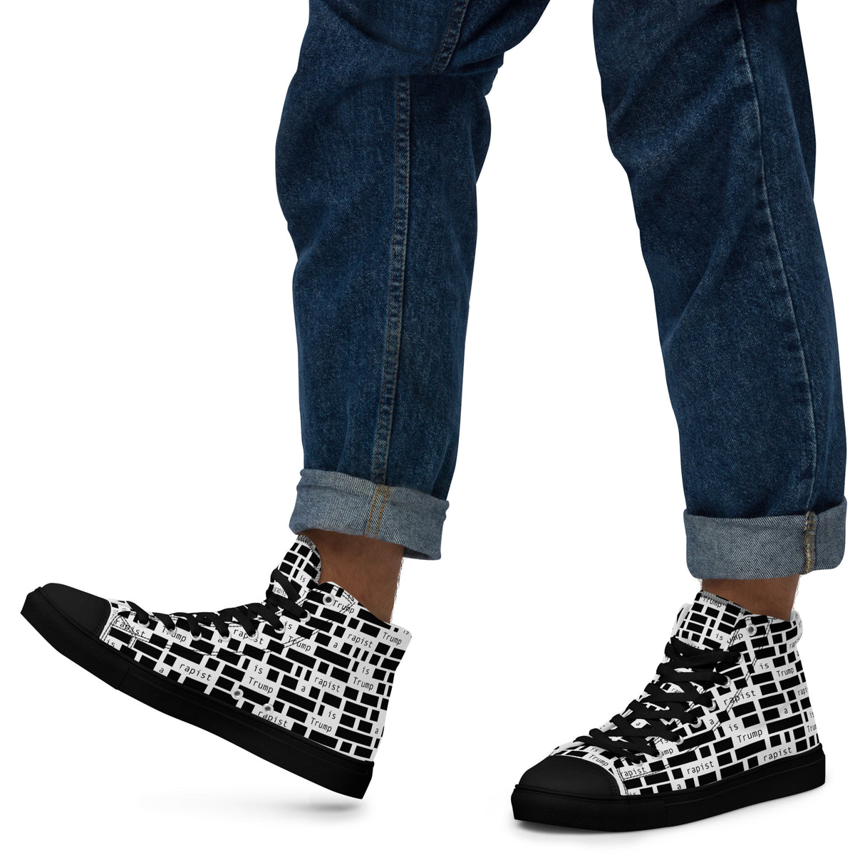 Redacted black men's high-top canvas shoes, left-side view
