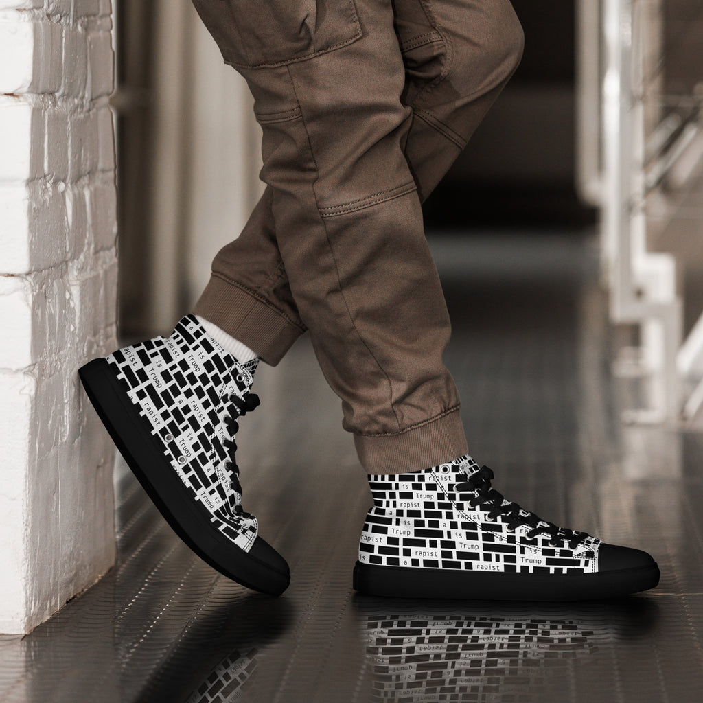Redacted black men's high-top canvas shoes, right-side view