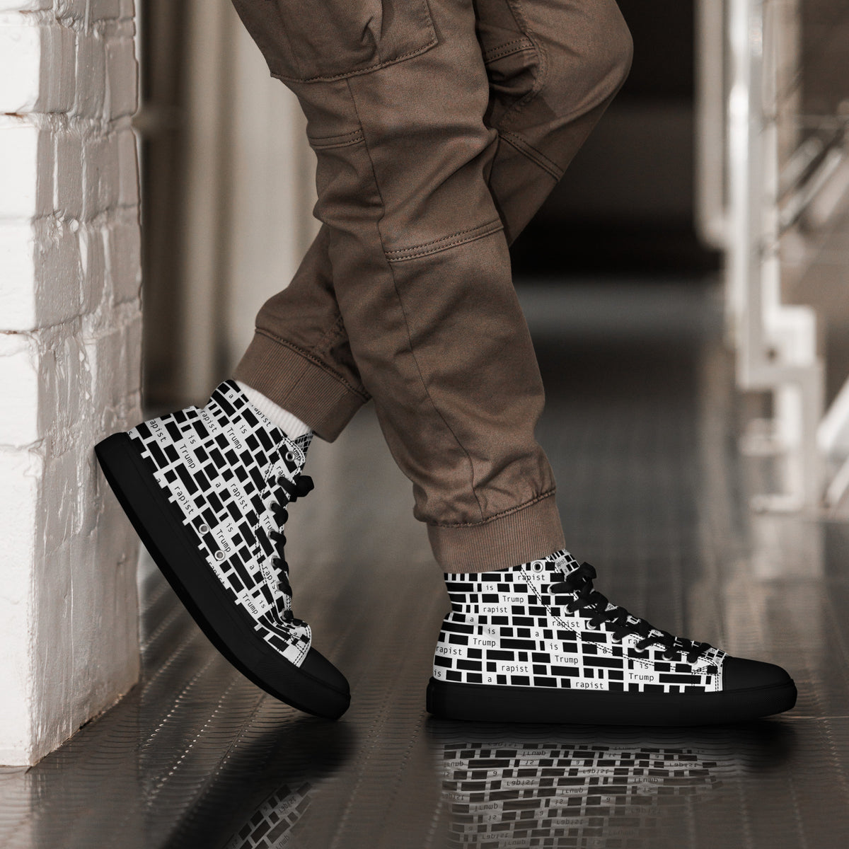 Redacted black men's high-top canvas shoes, right-side view