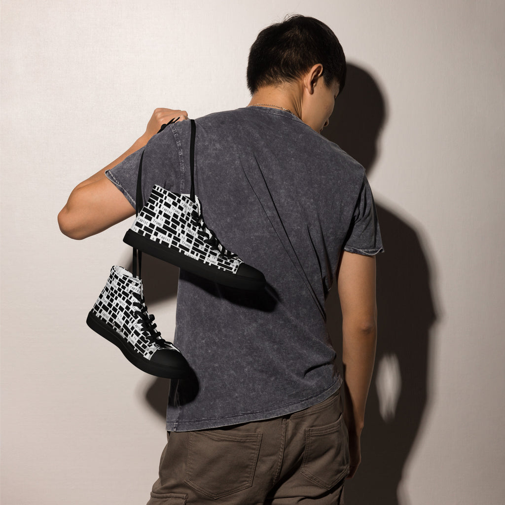 Redacted black men's high-top canvas shoes, right-side view