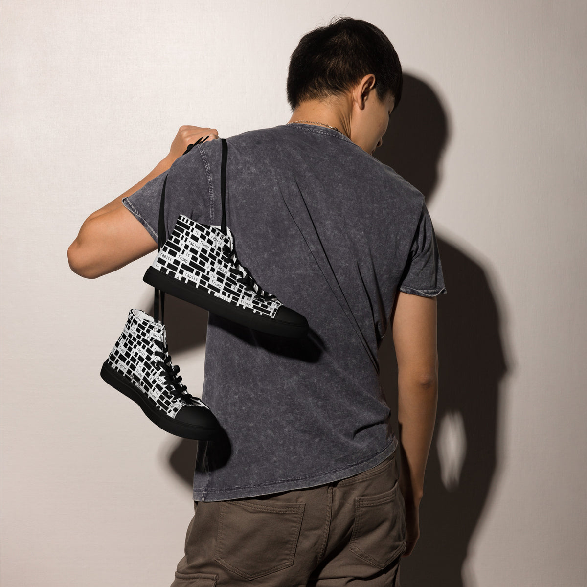 Redacted black men's high-top canvas shoes, right-side view
