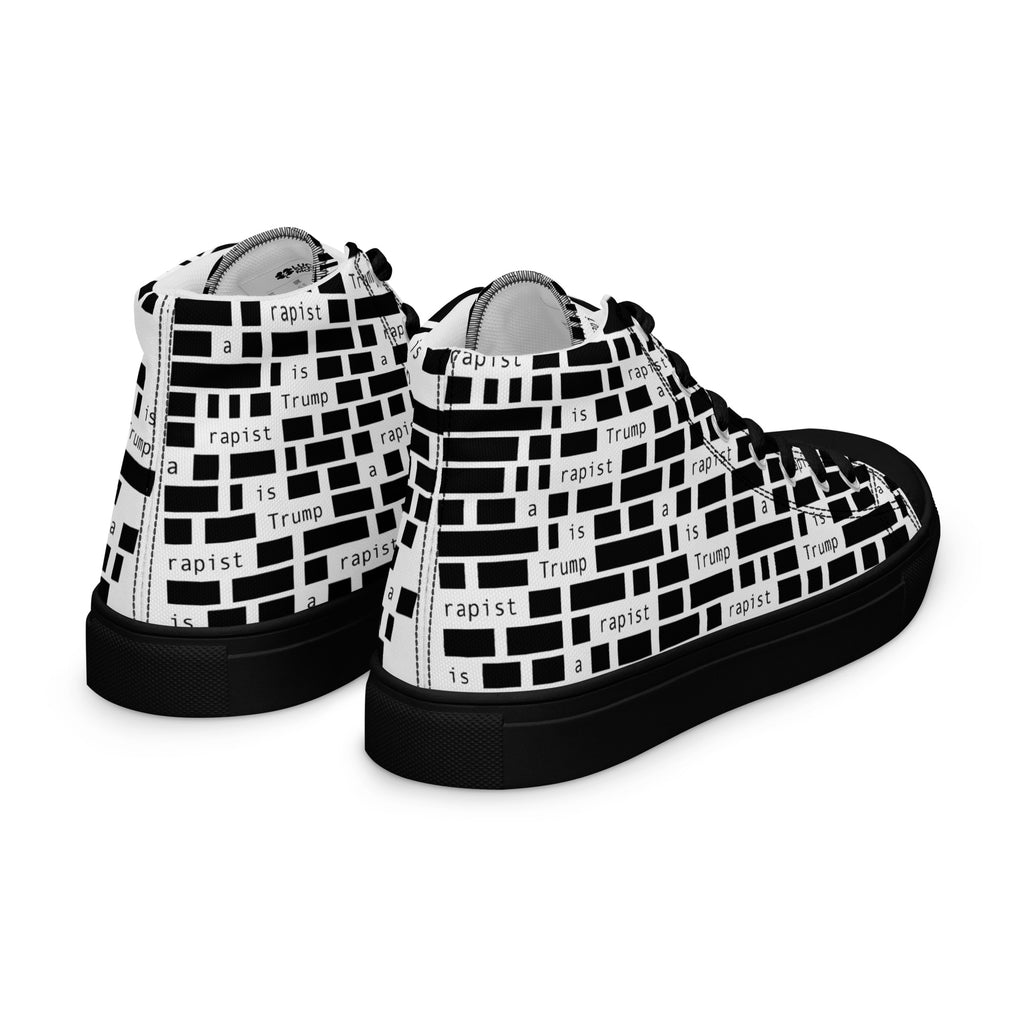 Redacted black men's high-top canvas shoes, right-rear view