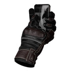 Touchscreen compatible leather motorcycle gloves in use with phone