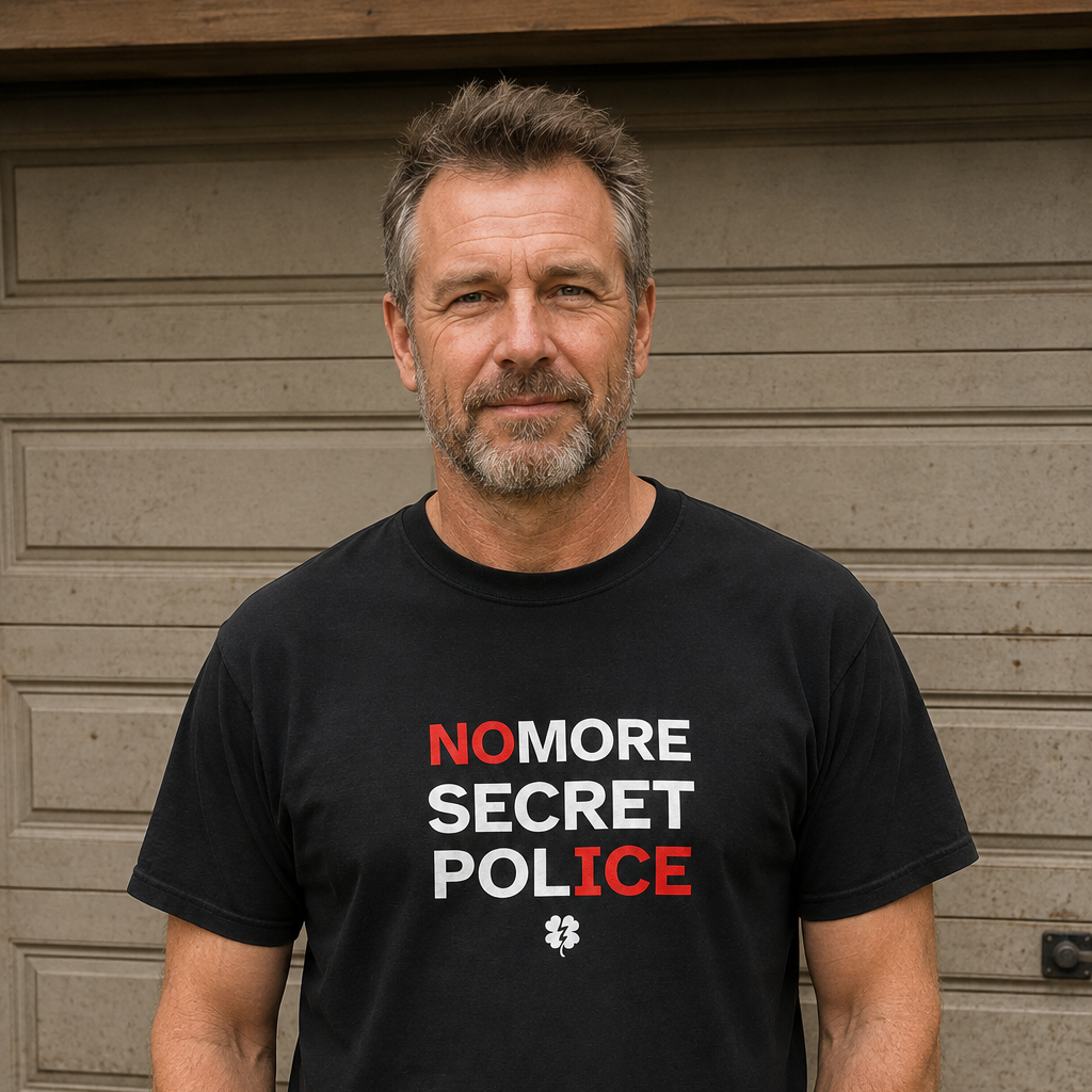A man wearing a black t-shirt with the text 'NO MORE SECRET POLICE' in red and white, standing in front of a beige garage door.