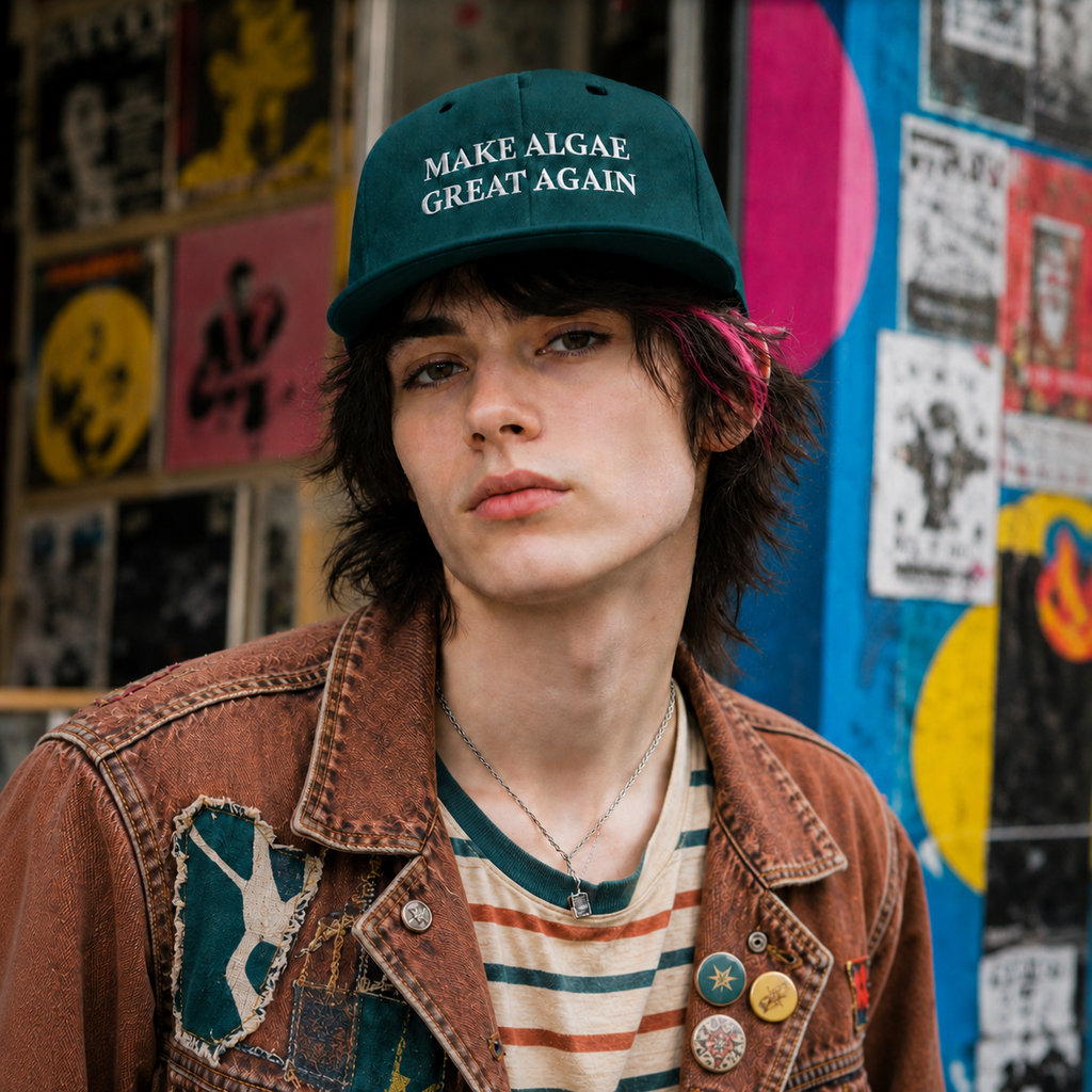 A young man wearing a dark green baseball cap with the text 'MAKE ALGAE GREAT AGAIN' in white, styled with a brown patchwork denim jacket over a striped t-shirt, standing in front of a colorful graffiti-covered wall.