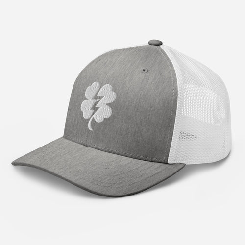 Heather grey and white Clover & Bolt trucker cap, left-front view