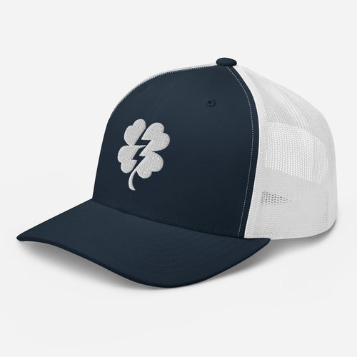 Navy and white Clover & Bolt trucker cap, left-front view