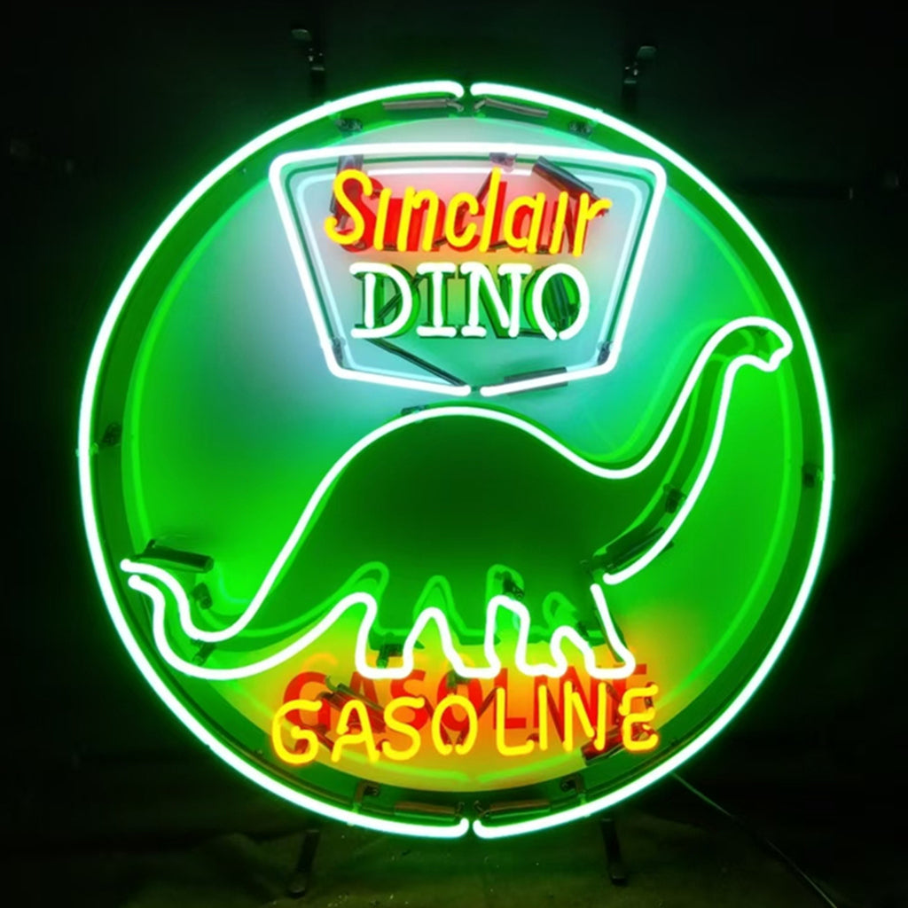 Sinclair Dino gasoline neon sign lit display