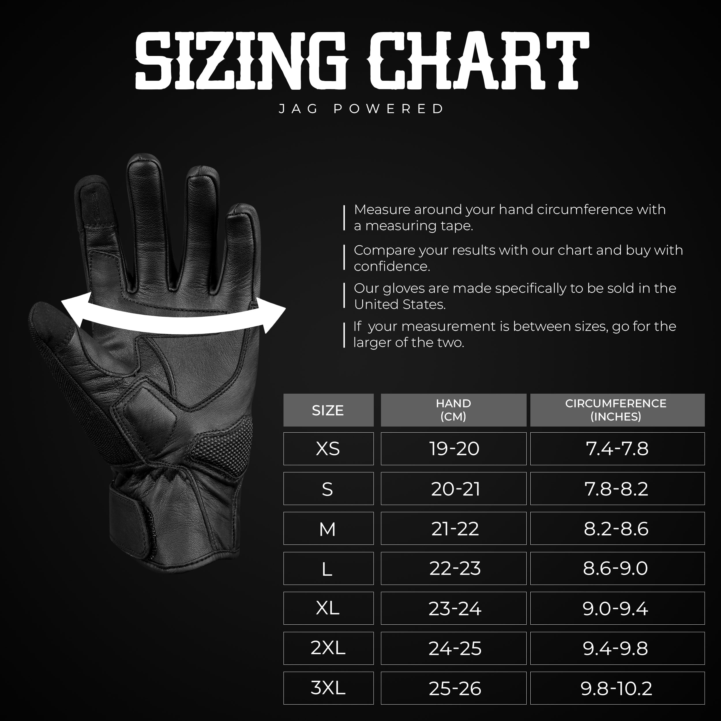 Ultra Volid leather motorcycle gloves sizing chart