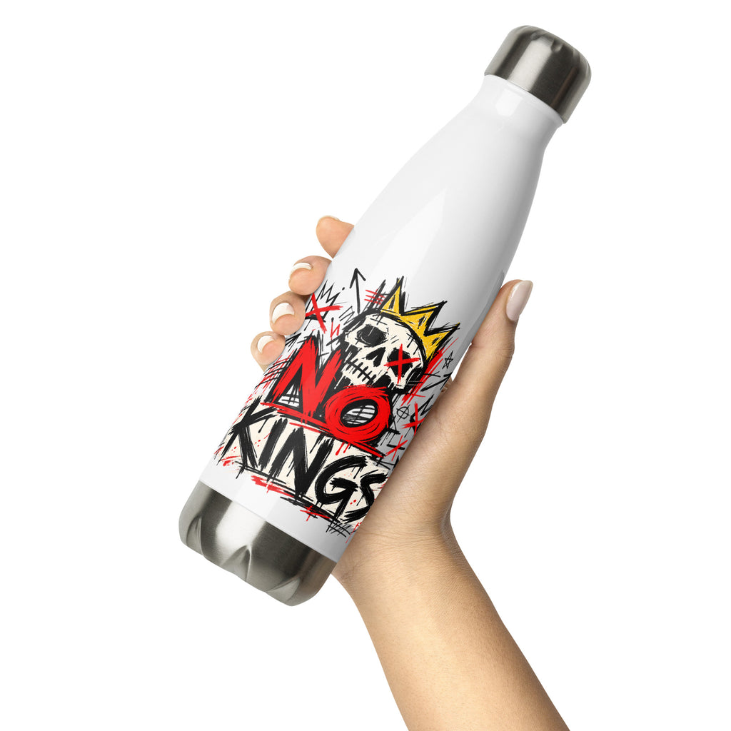 No Kings white stainless steel water bottle, front view