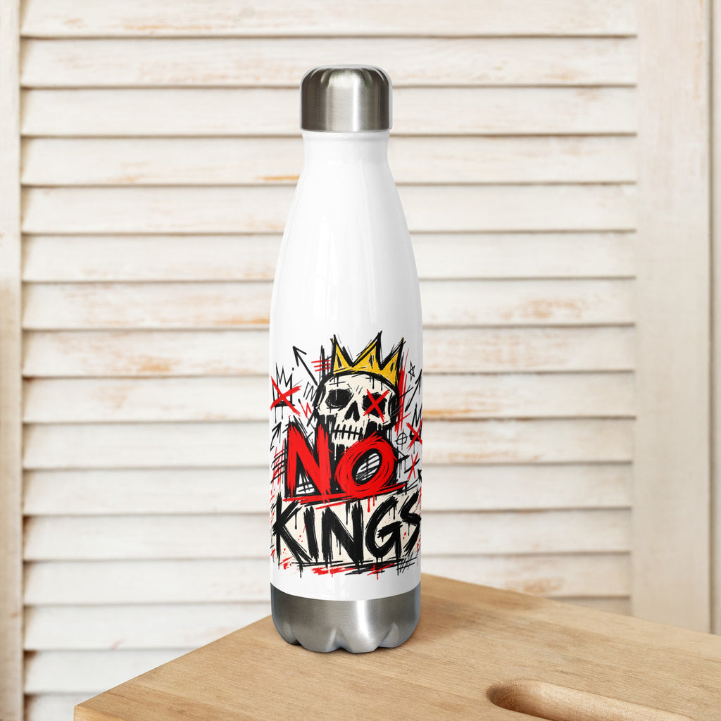 No Kings white stainless steel water bottle, front view