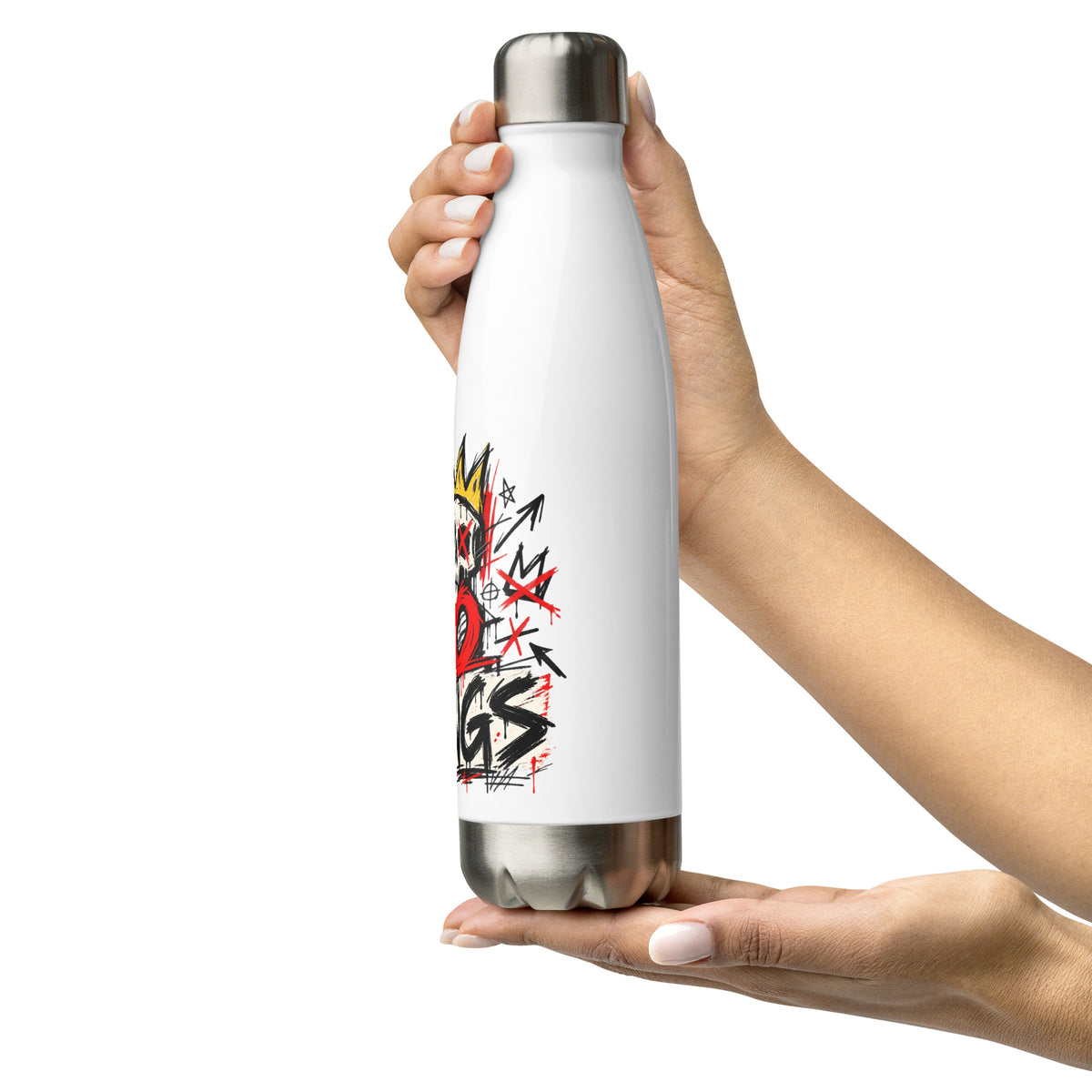 No Kings white stainless steel water bottle, left-side view