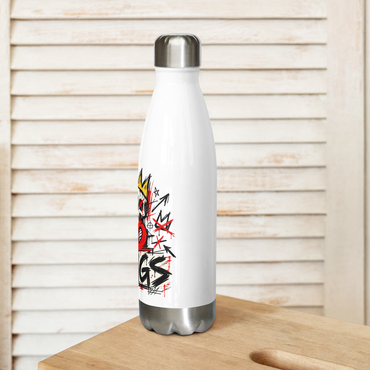 No Kings white stainless steel water bottle, left-side view