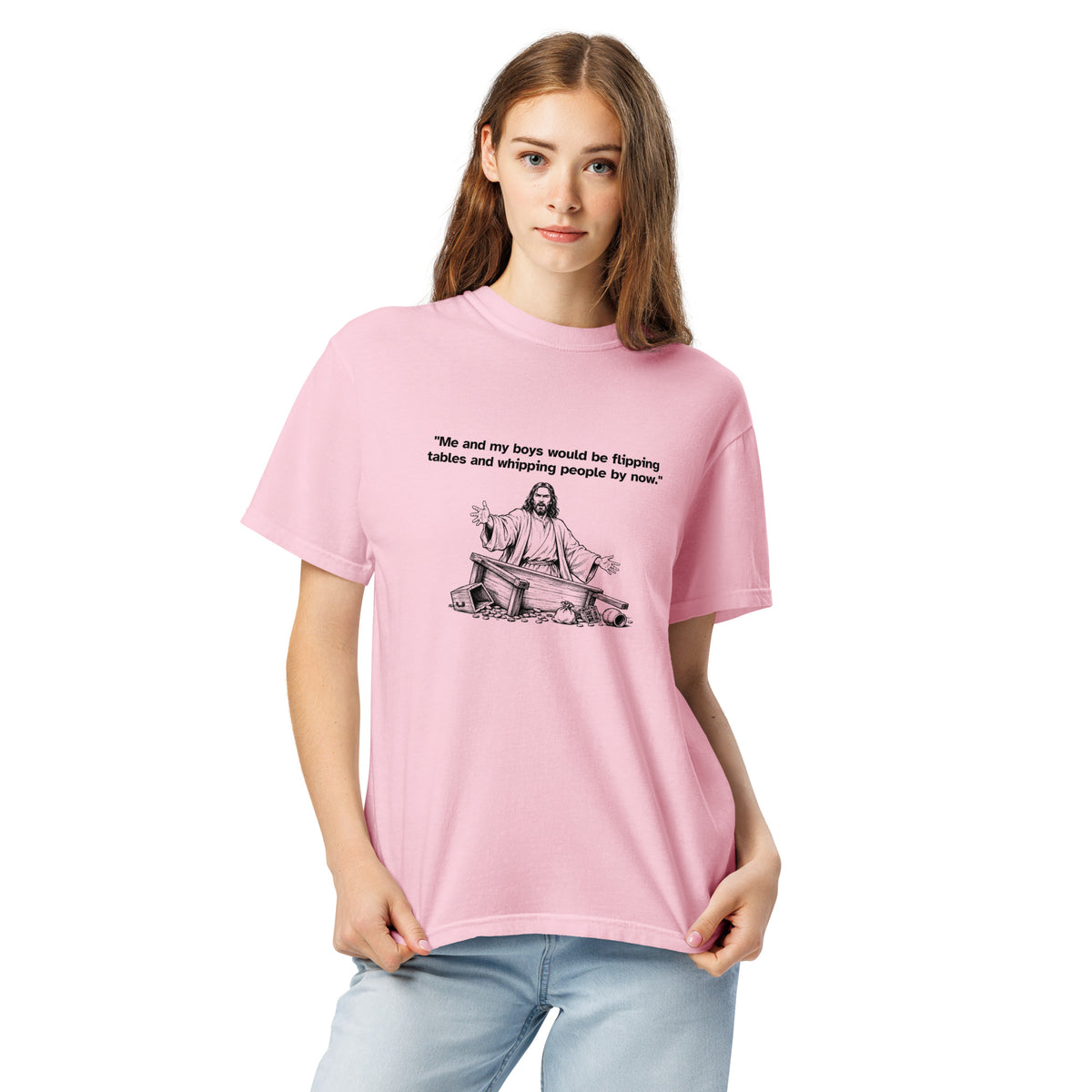 Me and My Boys heavyweight T-shirt in blossom, alternate front view