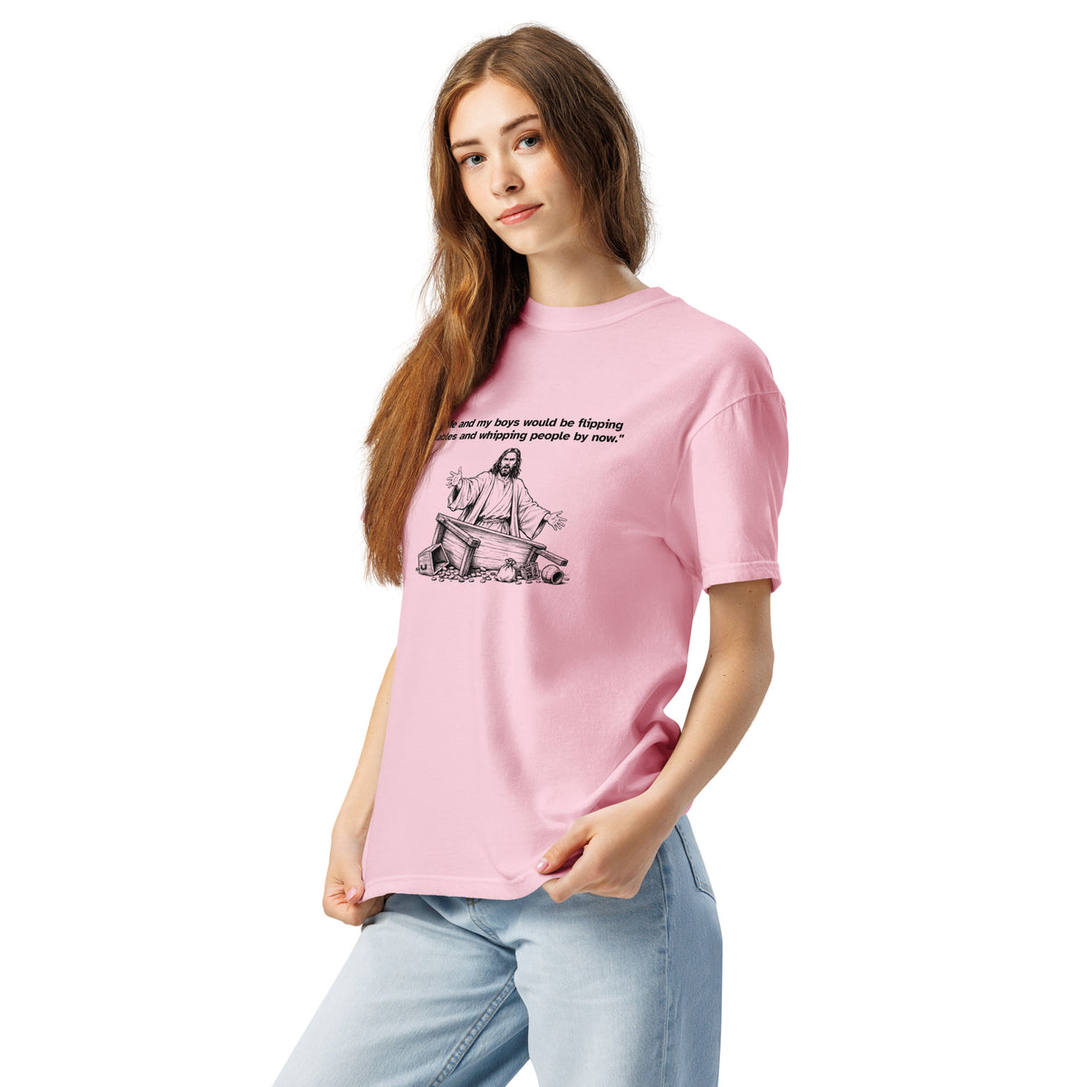 Me and My Boys heavyweight T-shirt in blossom, left-front view