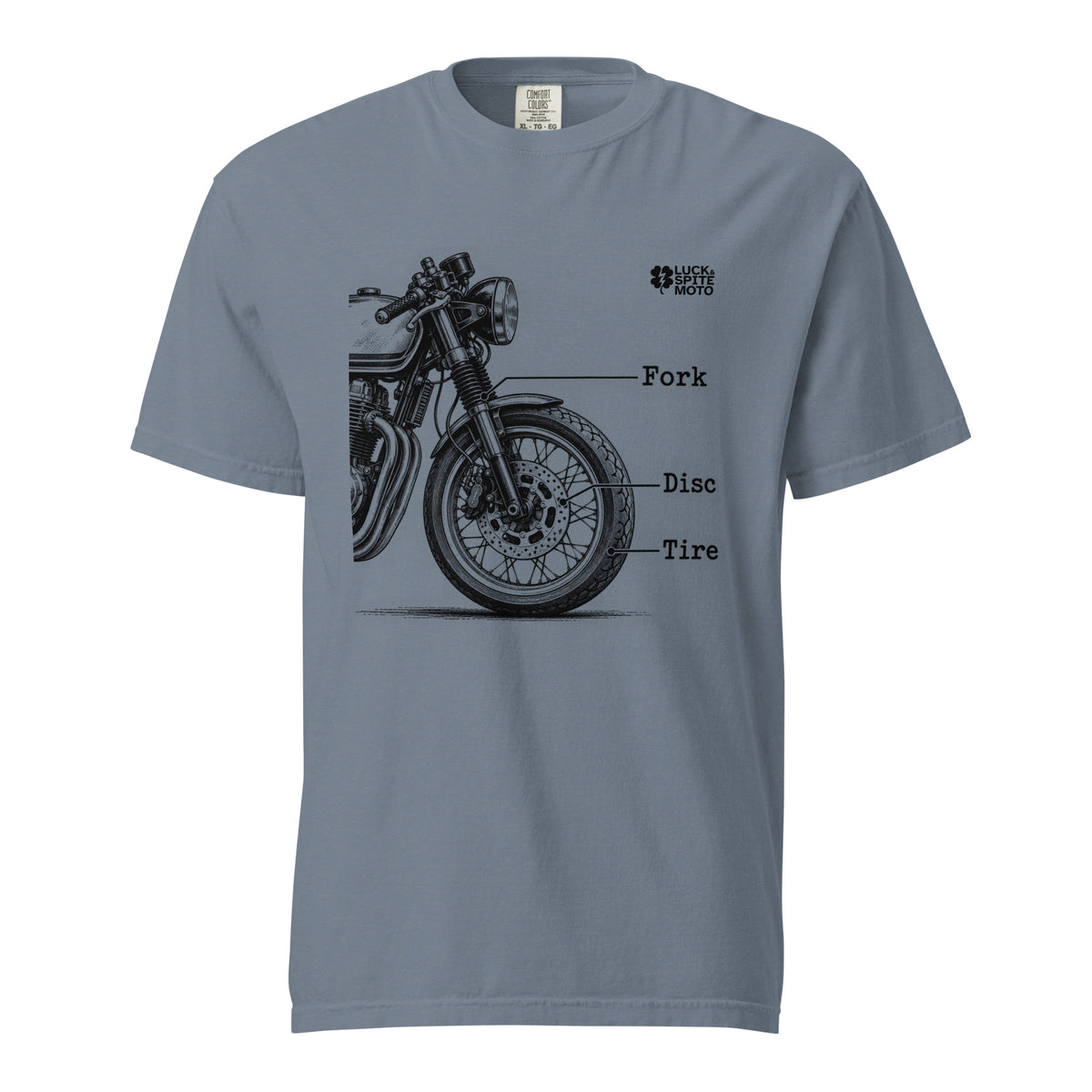 Fork, Disc, Tire blue heavyweight T-shirt, front view