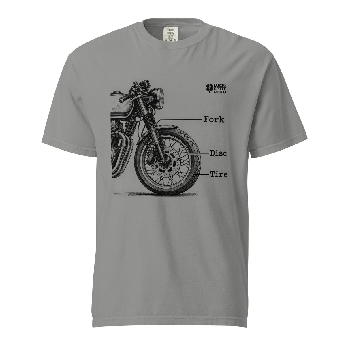 Fork, Disc, Tire gray heavyweight T-shirt, front view