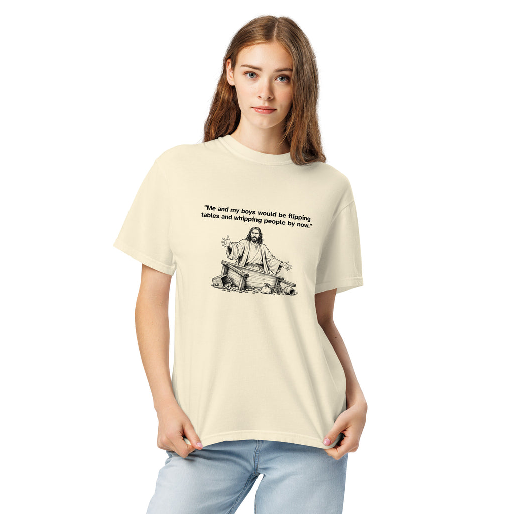 Me and My Boys heavyweight T-shirt in ivory, alternate front view