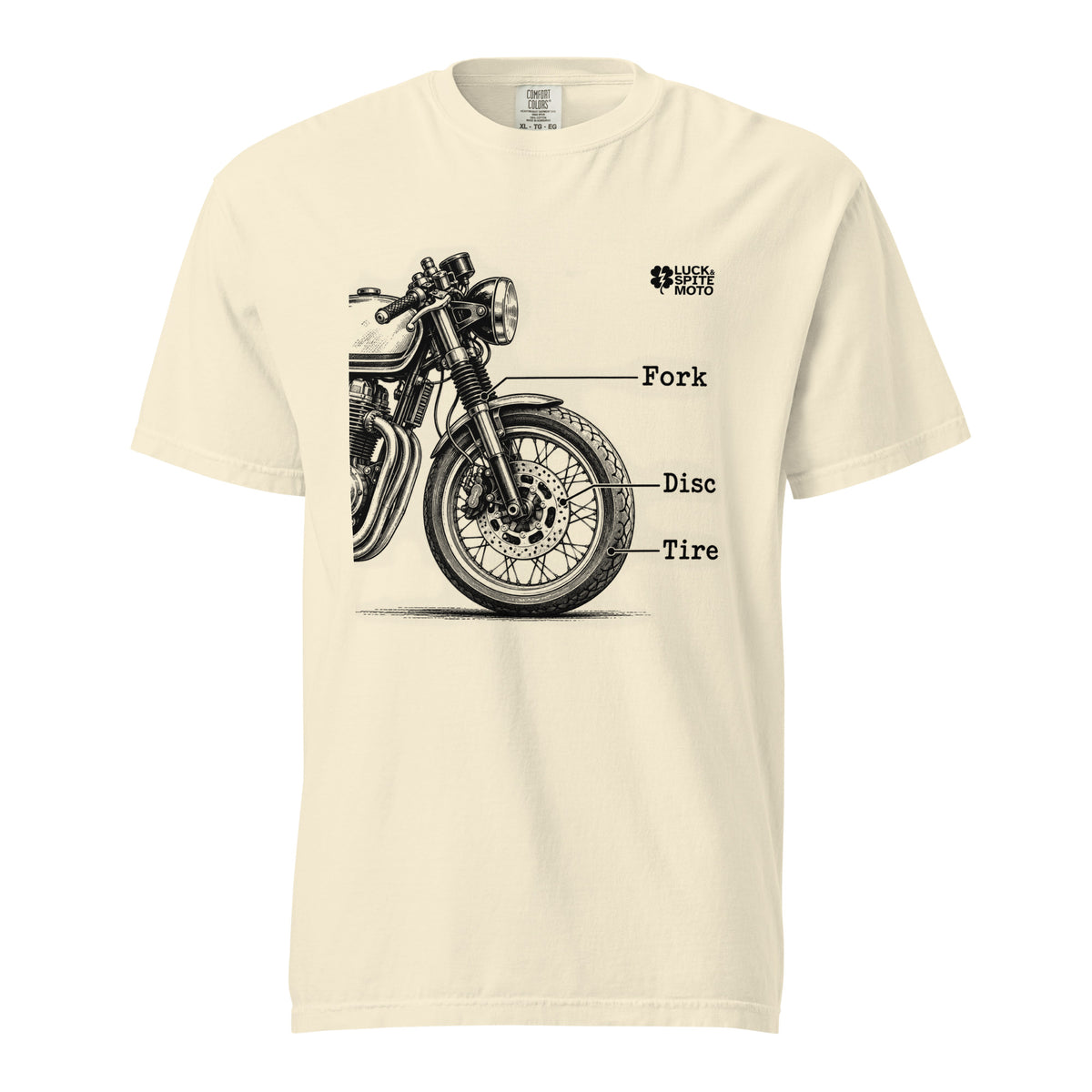 Fork, Disc, Tire ivory heavyweight T-shirt, front view
