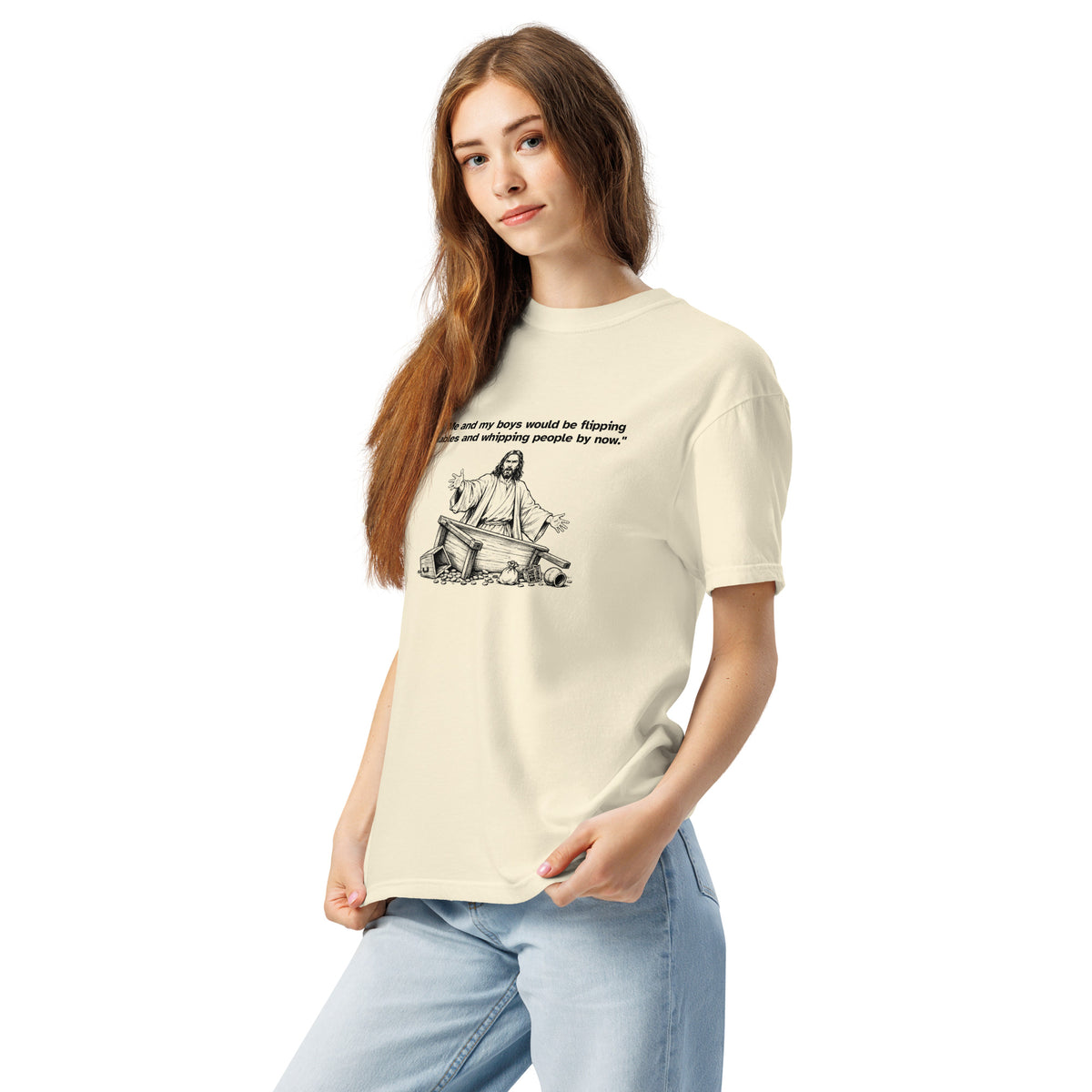 Me and My Boys heavyweight T-shirt in ivory, left-front view