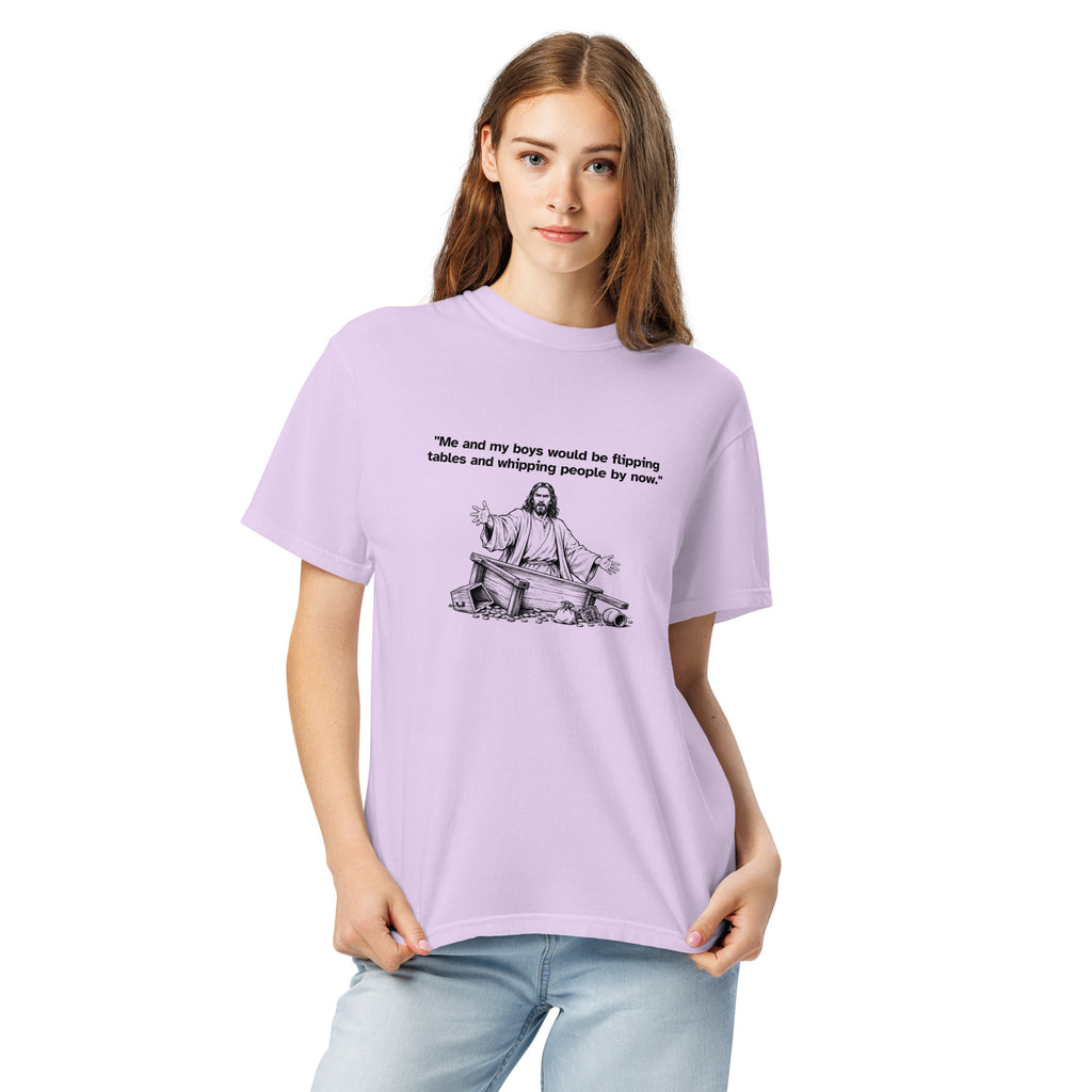 Me and My Boys heavyweight T-shirt in orchid, alternate front view