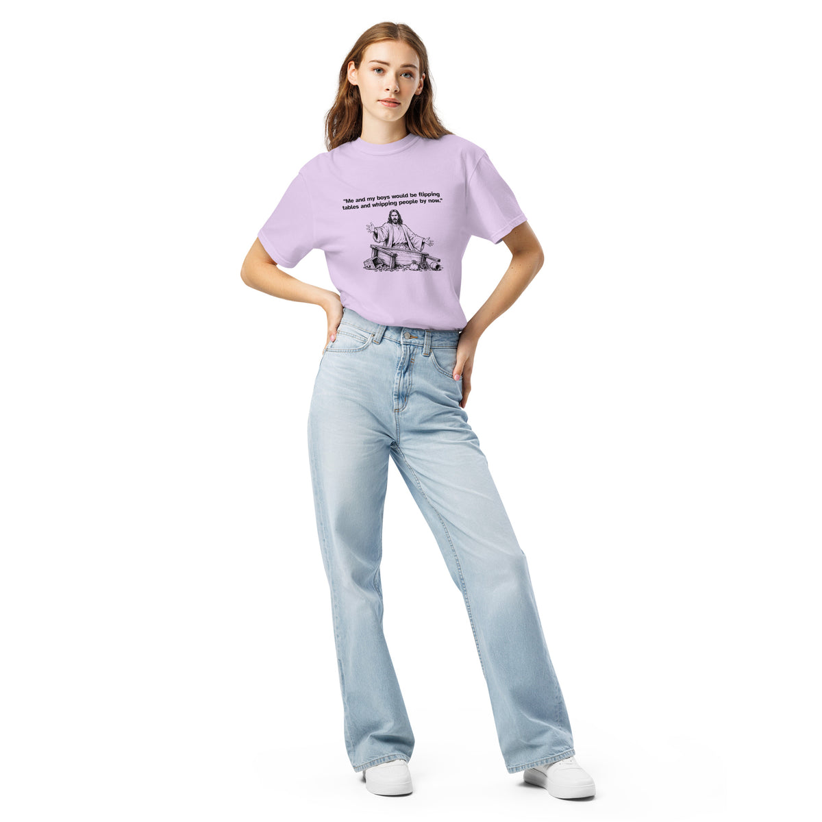 Me and My Boys heavyweight T-shirt in orchid, front view